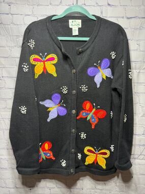 The Quacker Factory Butterfly Embroidered Knit Cardigan Sz L Chunky Old Money